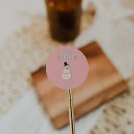 Vintager Illustrierter Pink Snowman Frohe Weihnach Runder Aufkleber