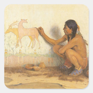 Vintager Indianer, indischer Künstler von Couse Quadratischer Aufkleber