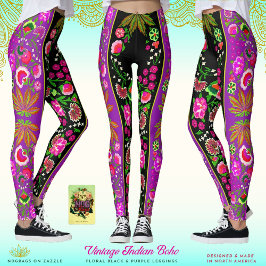 Vintager indischer Boho Floral Black & Lila Leggings