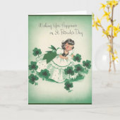 Vintager irischer Mädchen-und Kleeblatt-St Patrick Karte (Gelbe Blume)