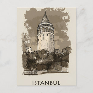 Vintager istanbul Tower Türkei Travel Water color Postkarte