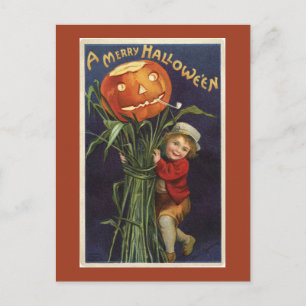 Vintager Jack-o-Lantern Cornstalk und Boy Hallowee Postkarte