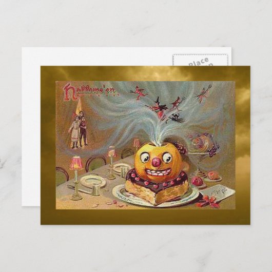 Vintager Jack o'Lantern mit Hexen Postkarte (Vorne/Hinten)