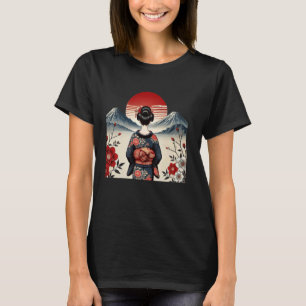 Vintager japanischer Art Sonnenuntergang Berg Flor T-Shirt