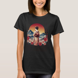 Vintager japanischer Art Sonnenuntergang Berg Flor T-Shirt