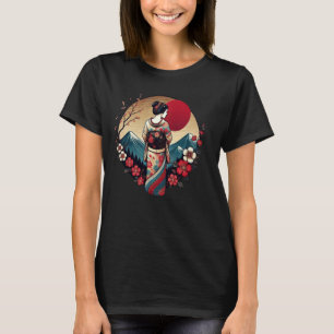 Vintager japanischer Art Sonnenuntergang Berg Flor T-Shirt