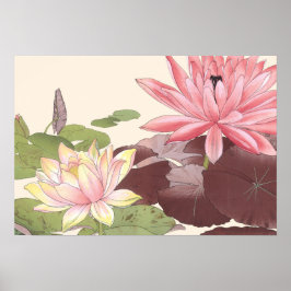Vintager japanischer Blumenstrauß Pink Lotus Pond Poster
