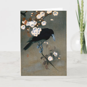 Vintager japanischer Crow und Blossom-Holzblock-Dr Karte