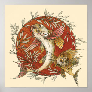 Vintager japanischer Fisch mit Bambus-Blätter Poster