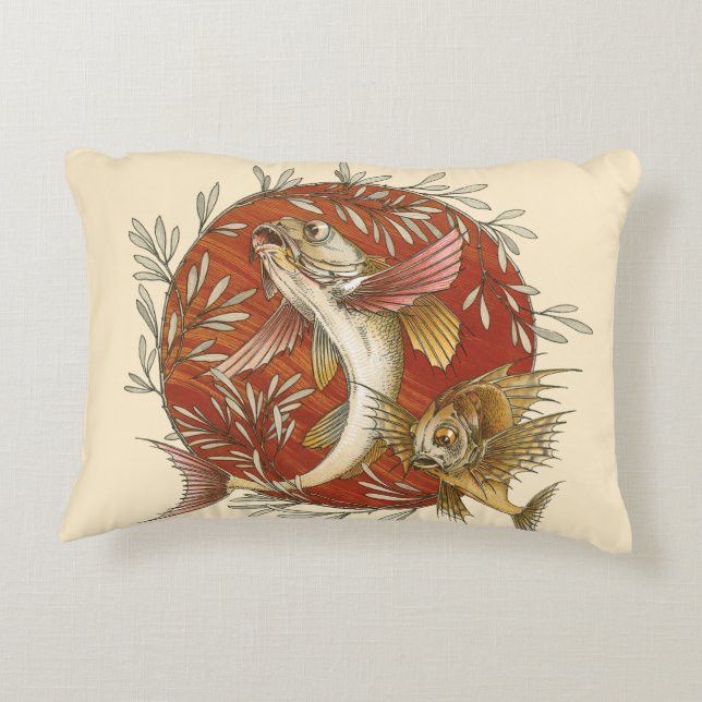 Vintager japanischer Fisch und Bambus-Blätter Kuns Dekokissen (Rückseite)