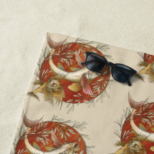 Vintager japanischer Fisch und Bambus-Blätter Kuns Strandtuch