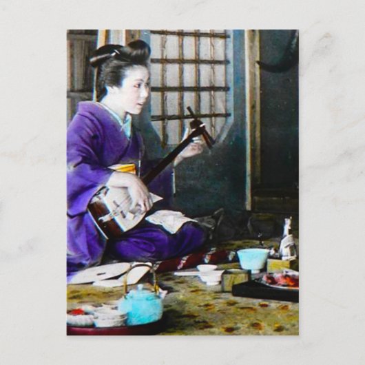 Vintager japanischer Geisha, der Shamisen Banjo Postkarte (Vorderseite)