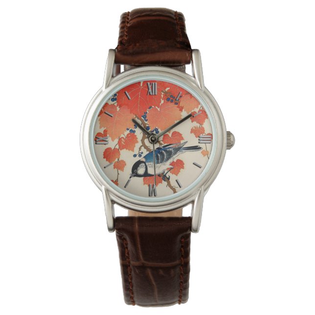 Vintager japanischer Jay Bird und Herbstgrapevine Armbanduhr (Vorderseite)