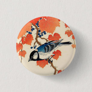 Vintager japanischer Jay Bird und Herbstgrapevine Button