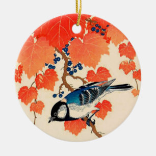 Vintager japanischer Jay Bird und Herbstgrapevine Keramikornament