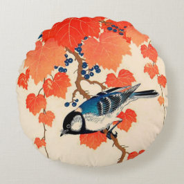 Vintager japanischer Jay Bird und Herbstgrapevine Rundes Kissen