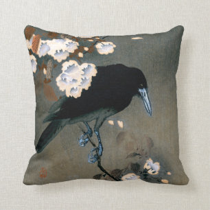 Vintager japanischer Krähe und Blüte Woodblock Kissen