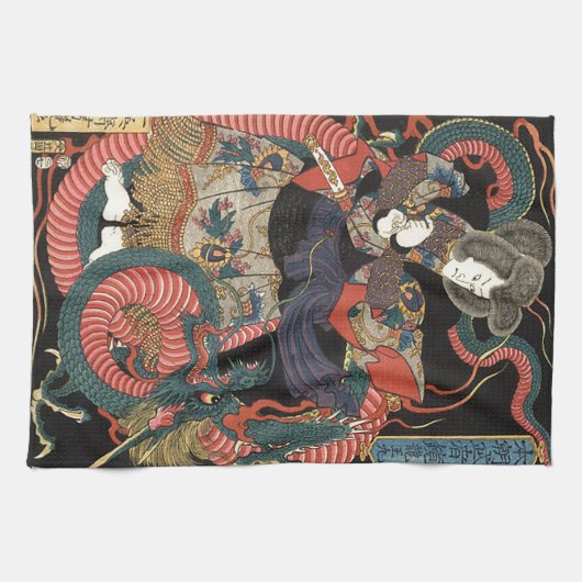 Vintager japanischer roter Drache Geschirrtuch (Horizontal)