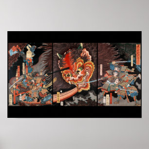 Vintager japanischer Triptych: Samurai vs. Oni Kin Poster