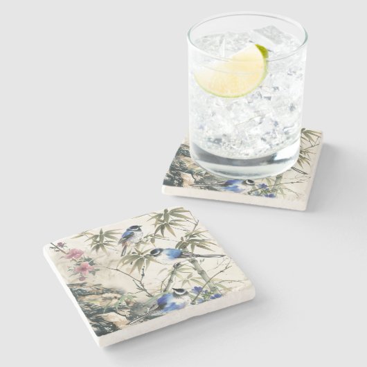 Vintager japanischer Vogel Blossom Steinuntersetzer (Seitenansicht)