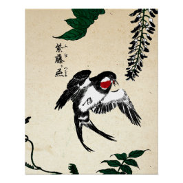 Vintager japanischer Vogel und Wisteria Poster