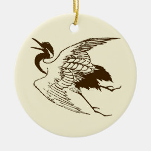 Vintager japanischer Zeichn eines Krans, braun Keramikornament
