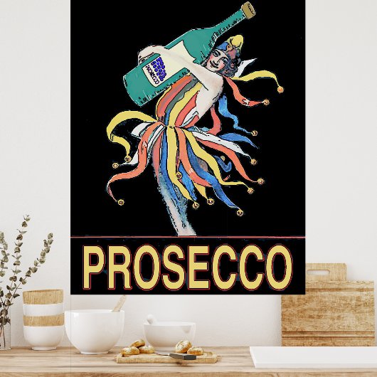 Vintager Jester mit Prosecco-Flasche, Poster (Küche)