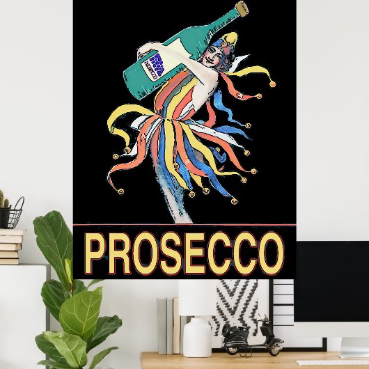 Vintager Jester mit Prosecco-Flasche, Poster (Heimbüro)