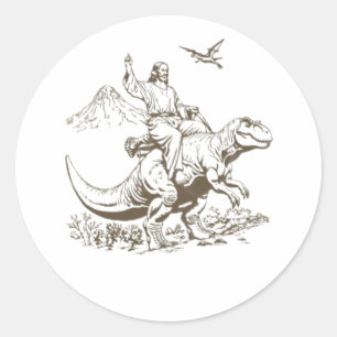 Vintager Jesus Riding Dinosaurier 90er Runder Aufkleber