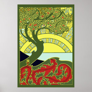 Vintager Jugendstil-Tree & Sunset by G. Combaz Poster
