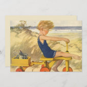 Vintager Junge am Strand mit Sand Toys Einladung (Vorne/Hinten)