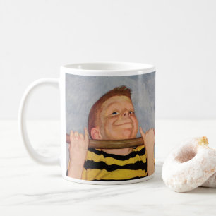 Vintager Junge, der Chin Ups, Fitness und Übung ma Kaffeetasse
