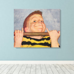 Vintager Junge, der Chin Ups, Fitness und Übung ma Leinwanddruck