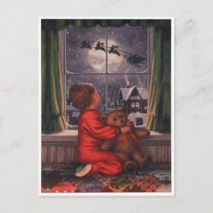 Vintager Junge, der den Weihnachtsmann beim Fliege Feiertagspostkarte