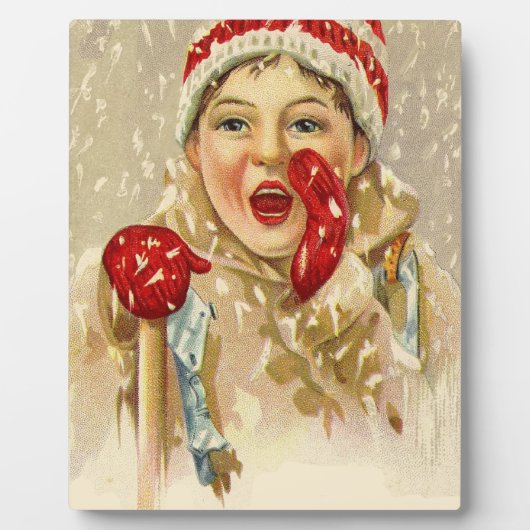 Vintager Junge im Schnee Fotoplatte (Vorderseite)