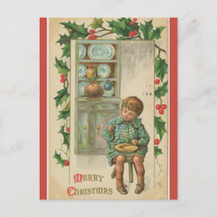 Vintager Junge isst Plum Pudding Weihnachten Postkarte