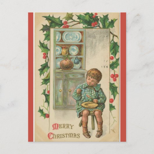 Vintager Junge isst Plum Pudding Weihnachten Postkarte (Vorderseite)