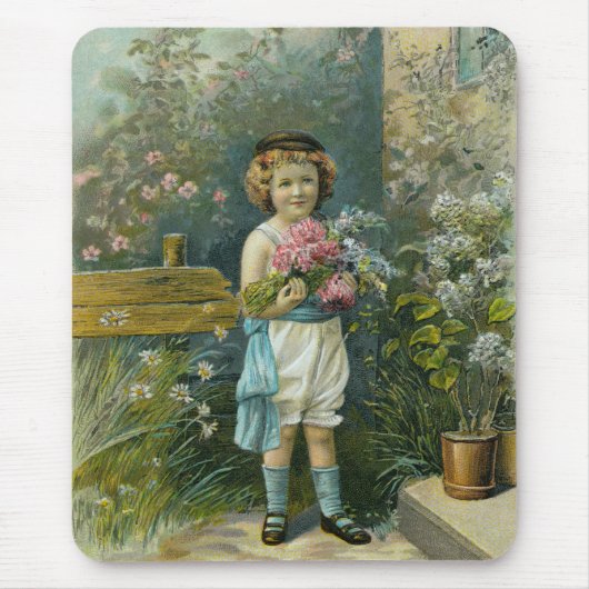 Vintager Junge mit Garten-Blume Mousepad (Vorne)