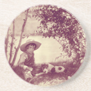 Vintager Junge mit Hund an der Erholung Sandstone Sandstein Untersetzer