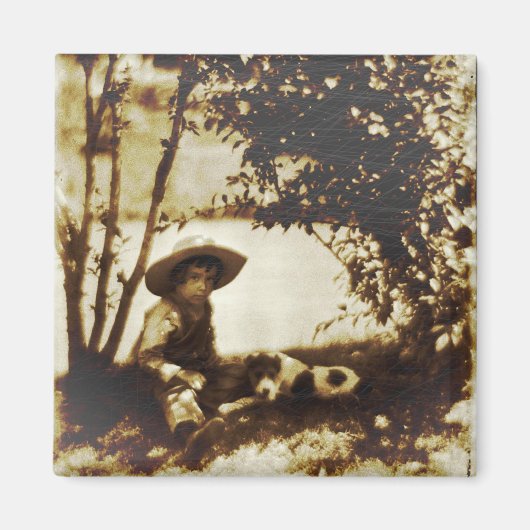 Vintager Junge mit Hund auf Erholung Magnet (Vorne)