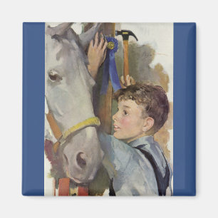 Vintager Junge mit seinem blauen Ribbon-Siegespfer Magnet