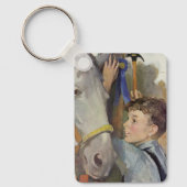 Vintager Junge mit seinem blauen Ribbon-Siegespfer Schlüsselanhänger (Vorderseite)