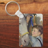 Vintager Junge mit seinem blauen Ribbon-Siegespfer Schlüsselanhänger (Vorderseite)