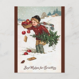 Vintager Junge mit Weihnachtsbaum Weihnachtskarte Postkarte