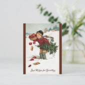 Vintager Junge mit Weihnachtsbaum Weihnachtskarte Postkarte (Stehend Vorderseite)