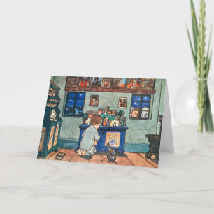 Vintager Junge mit Weihnachtsspielzeug-Malerei Feiertagskarte