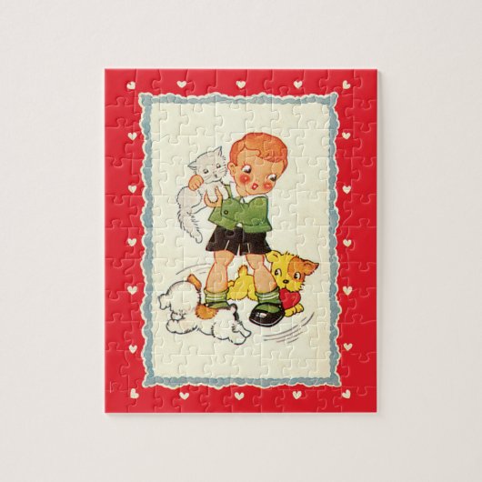 Vintager Junge Rette ein Kätzchen von Racing Welpe Puzzle (Vertikal)