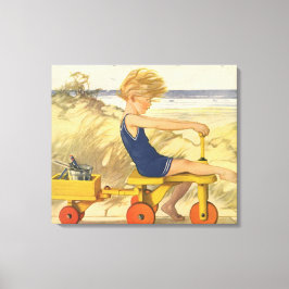 Vintager Junge spielt am Strand mit Sandspielzeug Leinwanddruck