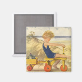 Vintager Junge spielt am Strand mit Sandspielzeug Magnet (Vorderseite/Rückseite)