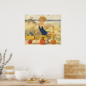Vintager Junge spielt am Strand mit Sandspielzeug Poster (Küche)